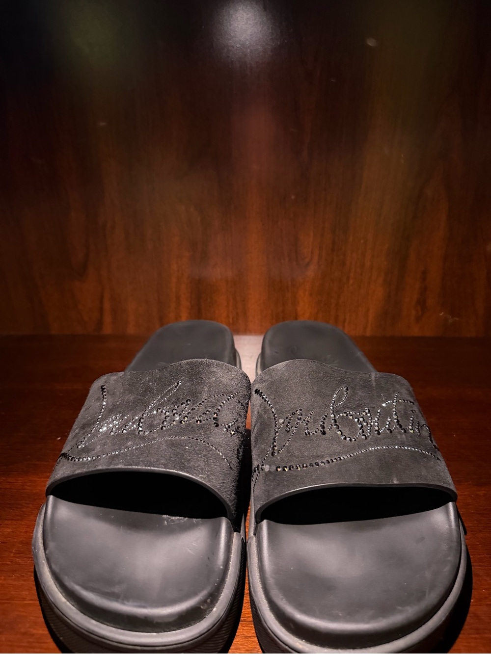 Christian Louboutin Black Suede Logo Crystal-Stud Slide Sandals